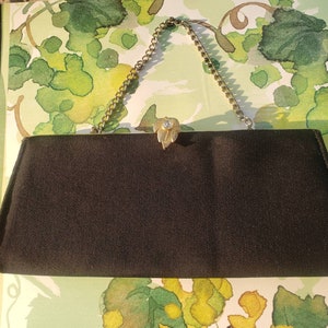 Vintage Black Satin Clutch: Gold Chain Handle, Rhinestone Clasp, 1950s Evening Bag