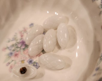 Vintage / Antique Oval White Czech Glass Buttons, Oblong, Basket Weave, Scored Top, Domed, Unique Glass, 7 In Lot, 1930's,