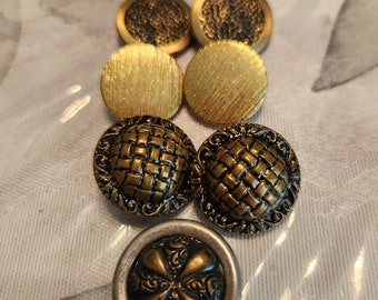 Large Vintage, Metal, Gold Tone, Domed, Buttons, Basket Weave, Pitted. Antiquing, Etched, 60s, Metal Shank, 8 In Lot, 20-25 mm,