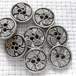 Vintage Flat Silver Metal Leaf Button, Leaf Pattern, Rustic, 2 hole Buttons, Sew Through, Nice Weight to them, 10 In Lot,  15 mm