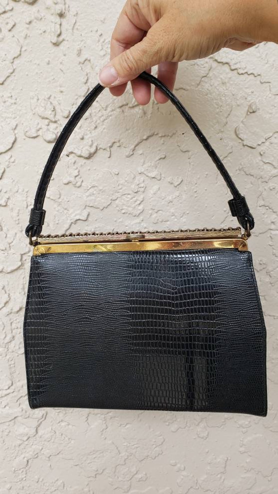 Vintage Black Evening Bag, 50, Faux Patent Leather Alligator Look, Tight Gold Clasp, Clutch