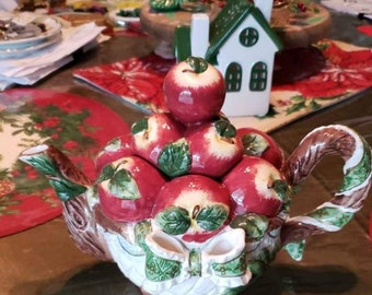 Vintage Red Apple Tea Pot, Two Tone Green Leaves, Bow With Cream Border Trimmed in Gold, Brown Spout and Handle, Porcelain, Mint Condition