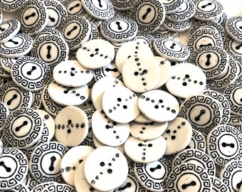 Vintage Greek Key Design Buttons, Matte Finish, Black and White, Wafer, Greek Buttons, Poly Matte Chalk Finish, 2 Hole 10 In Lot, 15mm