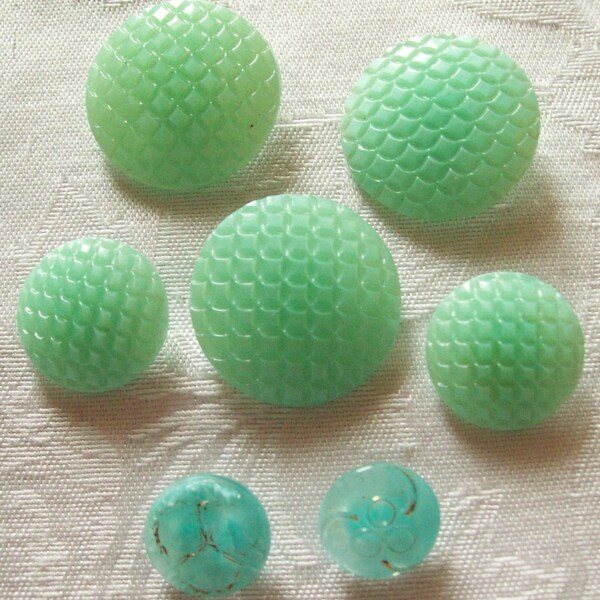 7 Beautiful Antique  Mint and Aqua Glass Buttons, 7 in lot - 1930's