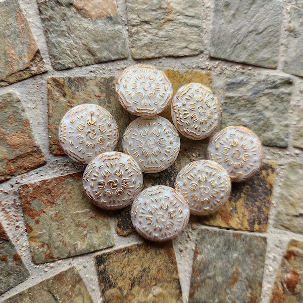 Antique Vintage Czech Glass Buttons, Opaque White, Iridescent, Carved with a Gold Raised Pattern, 1930's, Glass Buttons, 4 in Lot, 22mm,