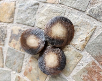 Vintage Plastic Buttons, Brown and Tan, Round, Large, Domed, Grooved Design, 3 In Lot, 33 mm, Over 1.29 In, Old, 1950s, Coat, Jacket Button,