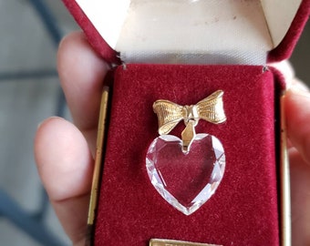 Vintage Avon Tack Pin, Lead Crystal Heart, Dangle, Bow, Brushed Gold Tone, Comes in original Box, 1982 Avon Jewelry, Gift For Her,