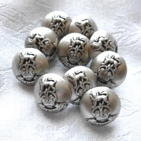 Vintage Silver, Metal Buttons, Coat of Arms, Heraldic Lion, Crown, Military Look, Italian,  15mm, Family Crest, Metal Loop shank, 10 In Lot,
