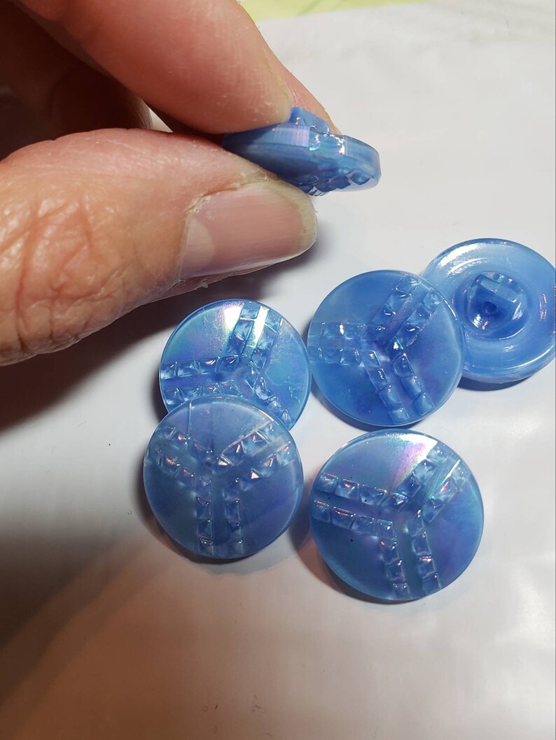 Light Blue 18 m, Lined Pattern Opalescent Baby Blue Glass Buttons 6 VintageAntique Czech Glass Buttons Round Rare Textured Pattern