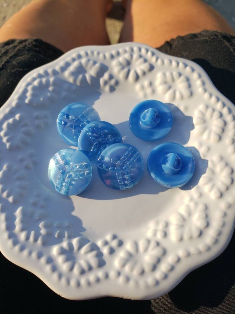 Light Blue 18 m, Lined Pattern Opalescent Baby Blue Glass Buttons 6 VintageAntique Czech Glass Buttons Round Rare Textured Pattern