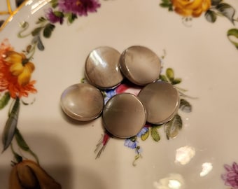 Vintage/Antique Czech Glass Buttons, Light Gray, Metallic, Round, Variegated Color, Pearly Finish, Opalescent, Rounded Edge, 1930's 5 In Lot