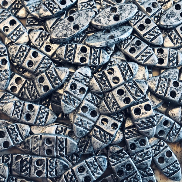 Vintage Silver Metal Oval 2 hole Buttons, Aztec Indians, Tribal, Rustic, Flat, Native American, Oblong, Antiqued, Surf Board, 10 In Lot,