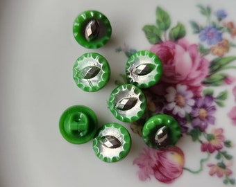 Vintage Green Czech Glass Buttons, Round, Forest Green, Metallic Silver Center, Self Shank, 11 mm, 7 in lot, Old Antique Buttons,