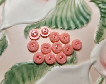 Vintage Plastic Buttons, Pink, Round, Baby Pink, Floral, Two Hole, Fancy, Carved, Old Thick Buttons, 70s, 12 In Lot, 15 mm,