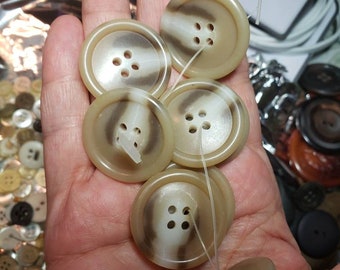 Vintage Plastic Buttons, Tan, Cream, White, Marble Look, Streaks, Poly Button, Round, Italian Blazer Button, Four Hole, Large, 4 In Lot,