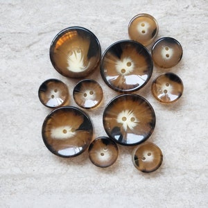 May include: Assortment of brown and white patterned buttons with two holes each. The buttons are made of a shiny material and have a slightly raised design.