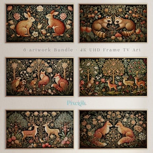 Pode incluir: Uma coleção de seis obras de arte emolduradas com ilustrações detalhadas de animais da floresta e elementos florais. As peças de arte mostram coelhos, guaxinins, raposas e veados em um ambiente natural exuberante. O texto "6-artwork Bundle • 4K UHD Frame TV Art" é exibido.