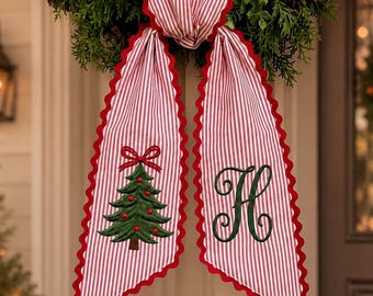 Personalized Christmas Wreath Sash, Embroidered Monogram Door Bow, Red Ticking Stripe Tree Holiday Porch Decor