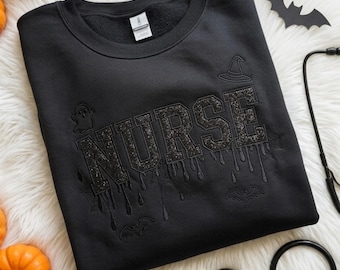 Halloween Nurse Sweatshirt, Black Glitter Appliqué NURSE Crewneck, Embroidered Ghost Bat Spiderweb Spooky RN Gift