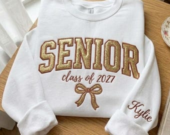 Personalized Senior Class of 2027 Sweatshirt, Gold Glitter Appliqué Crewneck, Custom Name Sleeve Graduation Gift