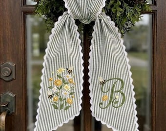 Embroidered Bee Daisy Wreath Sash, Sage Stripe Monogram Door Bow, Spring Garden Decor