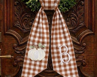 Monogram Fall Wreath Sash, Gingham Pumpkin Door Hanger, Personalized Autumn Wreath Bow, Custom Front Door Decor