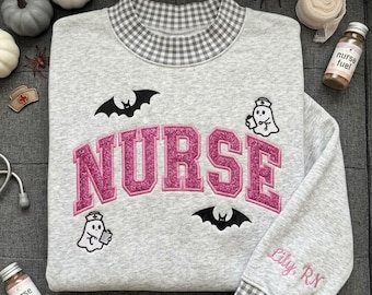 Spooky Halloween Nurse Sweatshirt, Glitter Applique RN Crewneck, Personalized Ghost Bats Gingham Trim