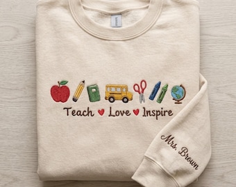 Personalized Teacher Sweatshirt, Embroidered School Supplies Crewneck, Custom Name Sleeve, Back to School Teacher Gift