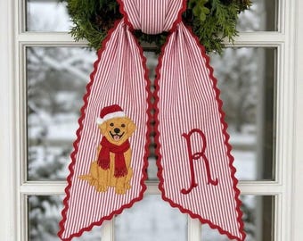 Christmas Wreath Sash Monogram, Embroidered Golden Retriever Dog Door Bow, Stripe Holiday Front Door Decor, Scalloped Sash