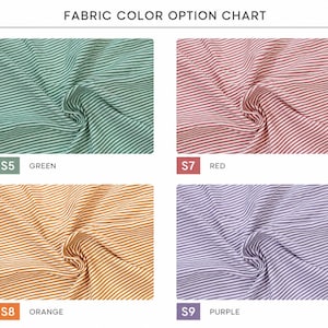 Pode incluir: Uma tabela de op&ccedil;&otilde;es de cores de tecido com quatro amostras de tecido listrado. As cores est&atilde;o rotuladas como S5 verde, S7 vermelho, S8 laranja e S9 roxo. Cada amostra mostra um close-up da textura com listras brancas finas.
