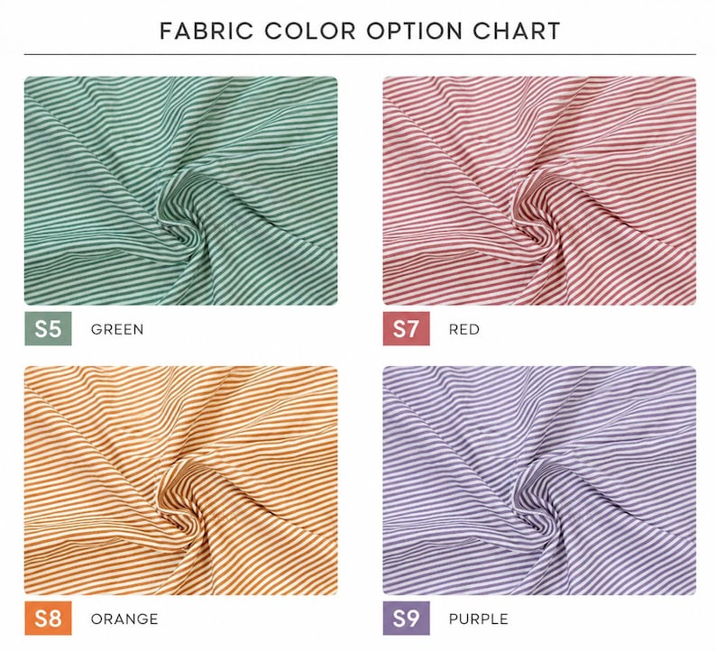 Pode incluir: Uma tabela de op&ccedil;&otilde;es de cores de tecido com quatro amostras de tecido listrado. As cores est&atilde;o rotuladas como S5 verde, S7 vermelho, S8 laranja e S9 roxo. Cada amostra mostra um close-up da textura com listras brancas finas.