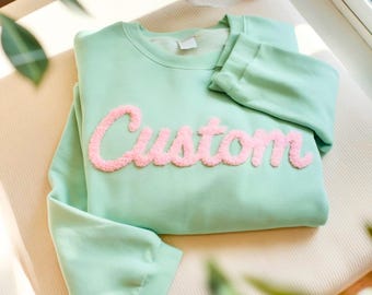 Custom text Embroidered Chenille Yarn oversized Sweatshirt, Chenille YARN personalized pullover