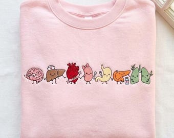Embroidered Anatomy Sweatshirt, Cute Organ Friends Medical Crewneck, Nurse Healthcare Worker and Medical Student Gift