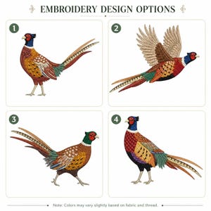 Puede incluir: Una cuadr&iacute;cula de cuatro opciones de dise&ntilde;o de bordado numeradas que presentan faisanes en varias poses. Las aves est&aacute;n representadas en tonos vibrantes de rojo, marr&oacute;n, oro, verde y azul. El texto dice EMBROIDERY DESIGN OPTIONS y Note: Colors may vary.