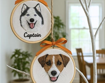 Custom Dog Portrait Photo Embroidered Ornament, Embroidered Personalized Dog Frame With Photo & Name, Gift For Dog Owners, Gift Pet Lovers