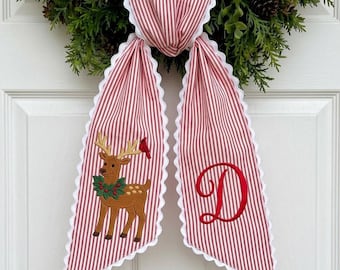 Embroidered Christmas Wreath Sash, Monogram Reindeer Holiday Ribbon, Red Striped Front Door Decor, Personalized Winter Gift
