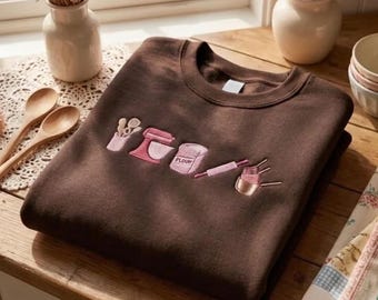 Embroidered Baking Sweatshirt, Brown Baker Crewneck with Mixer Flour Rolling Pin, Cozy Home Baker Gift for Her