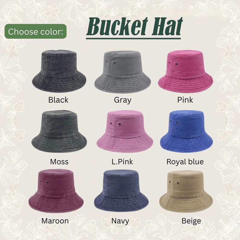 Puede incluir: Una colecci&oacute;n de nueve sombreros de pescador en varios colores, incluyendo negro, gris, rosa, musgo, rosa claro, azul real, granate, azul marino y beige. Cada sombrero presenta una parte superior plana, ala inclinada y dos ojales de ventilaci&oacute;n.