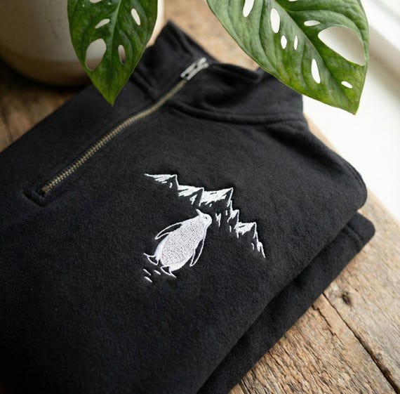 Embroidered Penguin Mountain quarter zip Sweatshirt,  why not pullover, Quiet Courage pullover, Lonely Penguin Art Shirt