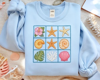 Seashell Embroidered sweatshirt, Beach Lover Sweatshirt, Ocean Theme, Starfish, Coastal Style, Summer Seashell Bachelorette Embroidery Shirt