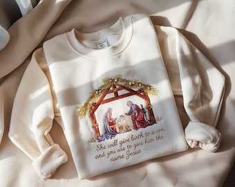 Embroidered Nativity Scene Sweatshirt, Matthew 1:21 Bible Verse Christmas Shirt, Christian Faith Crewneck, Manger Gift