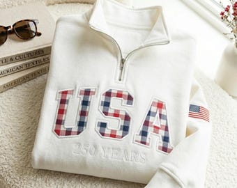 Embroidered USA Gingham Applique Quarter Zip Sweatshirt, Patriotic Checkered Tee