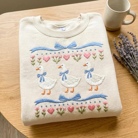 Embroidered Vintage Blue Ribbon Goose sweatshirt, Retro Goose pullover, Cute 1980s Groovy Goose Coquette, Ugly Sweater