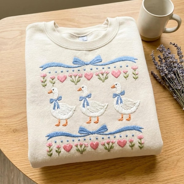Embroidered Vintage Blue Ribbon Goose sweatshirt, Retro Goose pullover, Cute 1980s Groovy Goose Coquette, Ugly Sweater