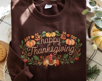 Embroidered Thanksgiving Sweatshirt, Thankful Fall Crewneck, pumpkin spice latte shirt, cozy season, turkey pullover