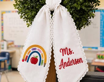 Personalized Teacher Wreath Sash, Embroidered Backpack Door Bow, Custom Name Back to School Classroom Decor
