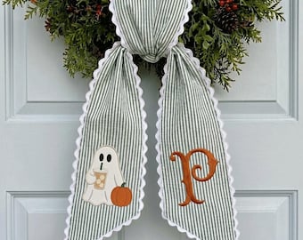 Monogram Halloween Wreath Sash, Cute Ghost Coffee Fall Front Door Decor, Custom Embroidered Ribbon, Autumn Porch
