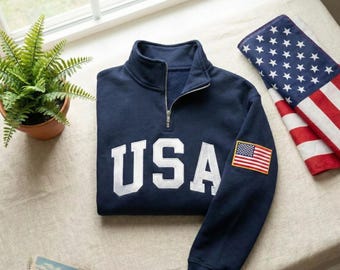 Sudadera con cremallera de un cuarto de EE. UU. bordada, camiseta retro con bandera de EE. UU., orgullo estadounidense, regalo del semiquincentenario