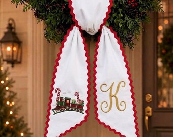 Personalized Christmas Wreath Sash, Embroidered Holiday Train & Gold Monogram, White Red Ric Rac Front Door Wreath Decor
