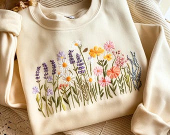 Floral Embroidered oversized Sweatshirt: Wildflower Bouquet, Cottagecore Style